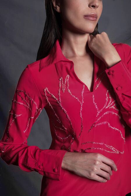 Buy_Seesa_Red Crepe Crystals Collared Hand Embroidered Top _Online_at_Aza_Fashions