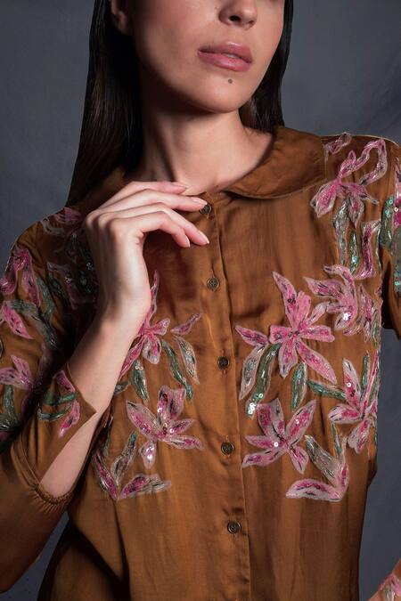Buy Seesa Brown Viscose, Satin Embroidery Collared Floral Hand Top Online at Aza Fashions Buy_Seesa_Brown Viscose, Satin Embroidery Collared Floral Hand Top _Online_at_Aza_Fashions