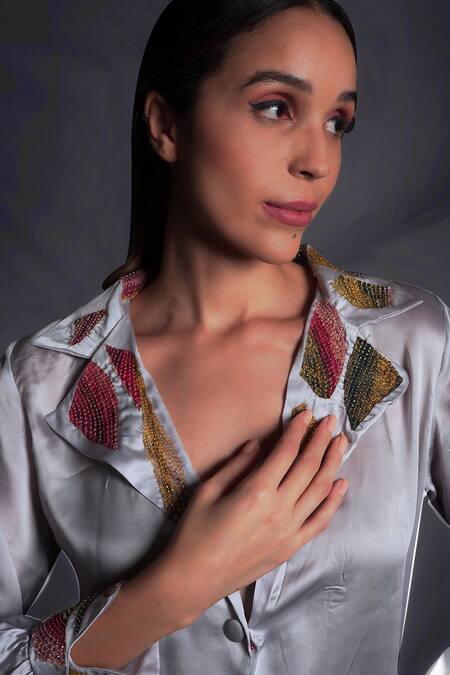 Buy Seesa Grey Crepe Beads Collared Lunar Rock Placement Embroidered Top Online at Aza Fashions Buy_Seesa_Grey Crepe Beads Collared Lunar Rock Placement Embroidered Top _Online_at_Aza_Fashions