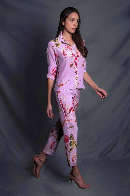 Seesa_Purple Crepe Embroidery Collared Tropical Floral Print Shirt _Online_at_Aza_Fashions