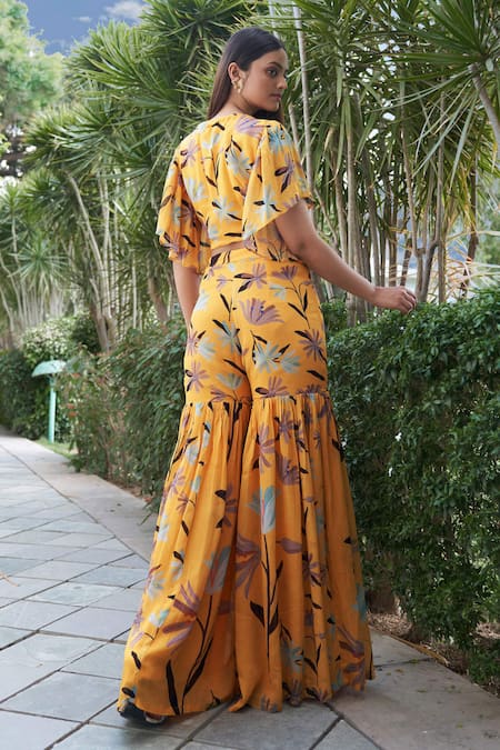 Shop_Affroz_Yellow Georgette Floral Print Top And Flared Pant Set _at_Aza_Fashions