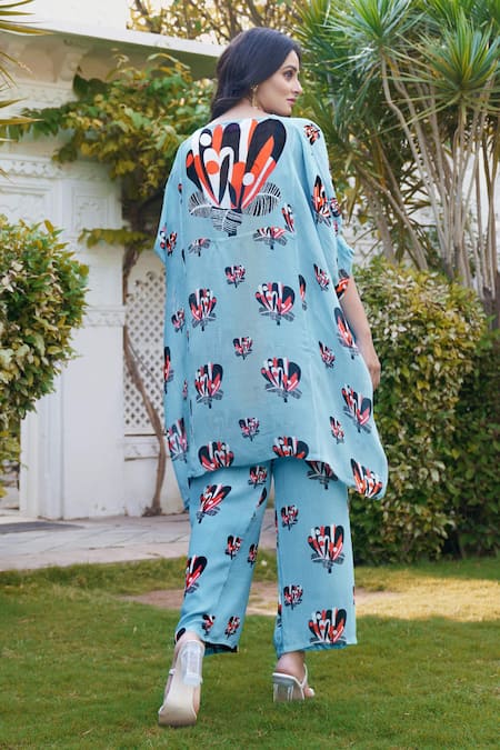Shop_Affroz_Blue Georgette Open Neck Summer Bloom Print Kimono Shirt And Trouser Set _at_Aza_Fashions