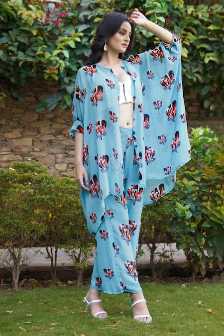 Shop_Affroz_Blue Georgette Open Neck Summer Bloom Print Kimono Shirt And Trouser Set _Online_at_Aza_Fashions