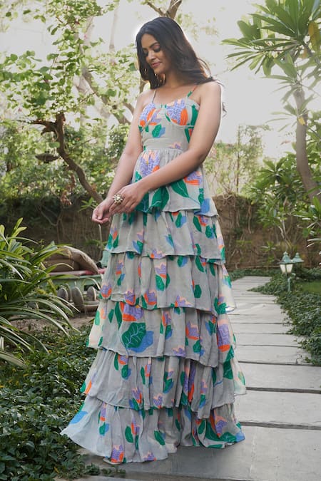 Affroz Grey Georgette Sweetheart Neck Summer Bloom Print Dress Online at Aza Fashions Affroz_Grey Georgette Sweetheart Neck Summer Bloom Print Dress _Online_at_Aza_Fashions