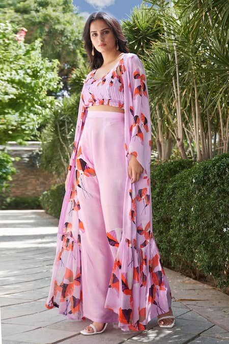 Affroz_Purple Georgette Embroidery, Applique V-neck, Open Printed Jacket And Trouser Set _Online_at_Aza_Fashions