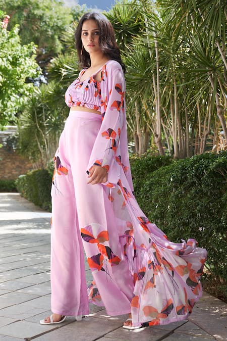 Buy_Affroz_Purple Georgette Embroidery, Applique V-neck, Open Printed Jacket And Trouser Set _Online_at_Aza_Fashions