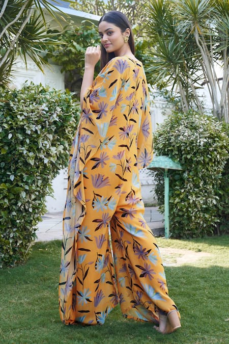 Shop_Affroz_Yellow Georgette Embroidery V-neck Floral Print Kaftan Jumpsuit _at_Aza_Fashions
