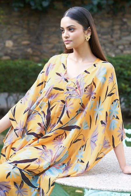 Shop_Affroz_Yellow Georgette Embroidery V-neck Floral Print Kaftan Jumpsuit _Online_at_Aza_Fashions