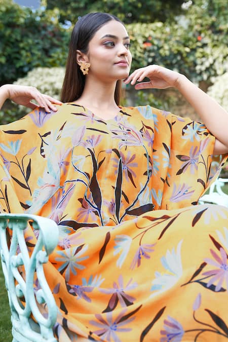 Affroz_Yellow Georgette Embroidery V-neck Floral Print Kaftan Jumpsuit _at_Aza_Fashions