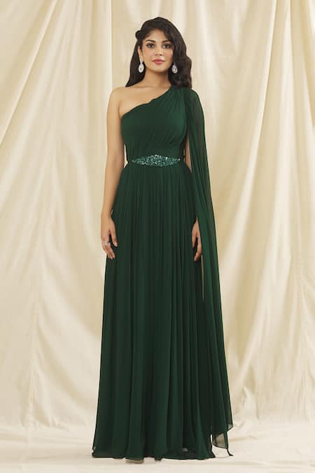 Buy_Kiyohra_Green Georgette Sequins, Beads One Shoulder Seline Draped Gown _Online_at_Aza_Fashions