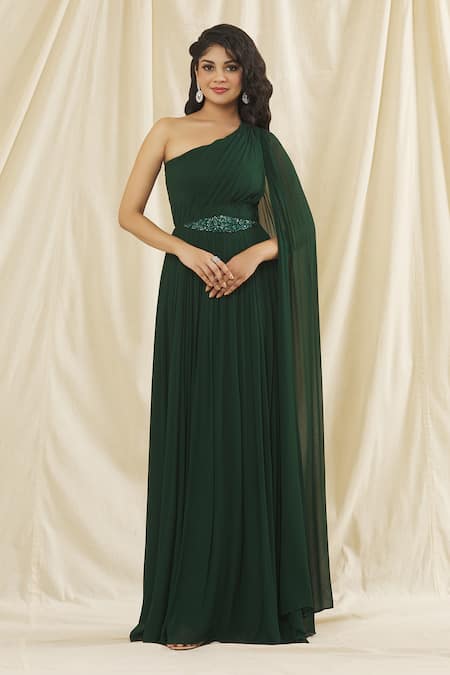 Shop_Kiyohra_Green Georgette Sequins, Beads One Shoulder Seline Draped Gown _Online_at_Aza_Fashions