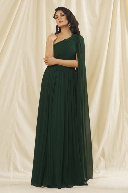 Kiyohra_Green Georgette Sequins, Beads One Shoulder Seline Draped Gown _at_Aza_Fashions