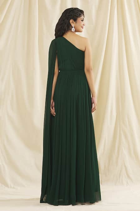Kiyohra_Green Georgette Sequins, Beads One Shoulder Seline Draped Gown _Online_at_Aza_Fashions