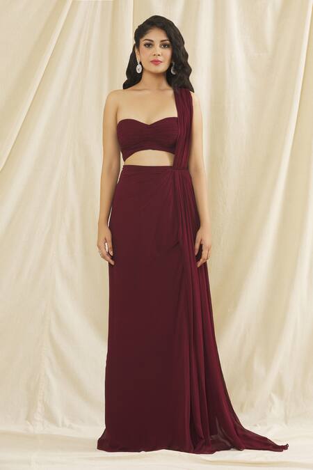 Buy_Kiyohra_Maroon Georgette Bandeau Neck Kenzi Ruched Blouse And Skirt Set _Online_at_Aza_Fashions