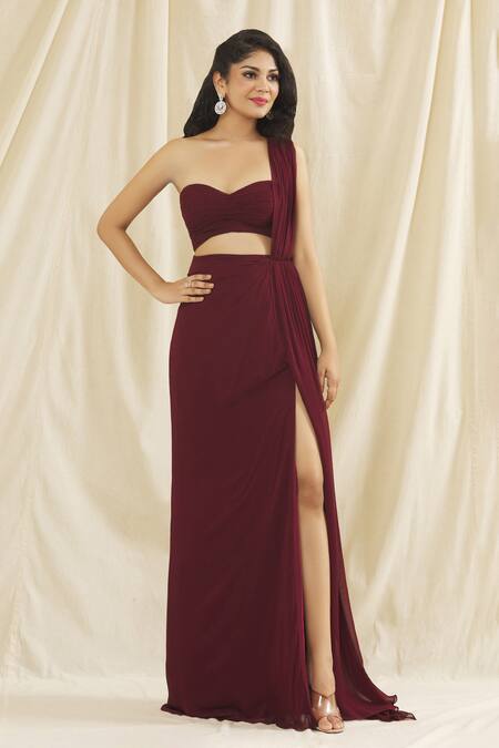 Shop_Kiyohra_Maroon Georgette Bandeau Neck Kenzi Ruched Blouse And Skirt Set _Online_at_Aza_Fashions