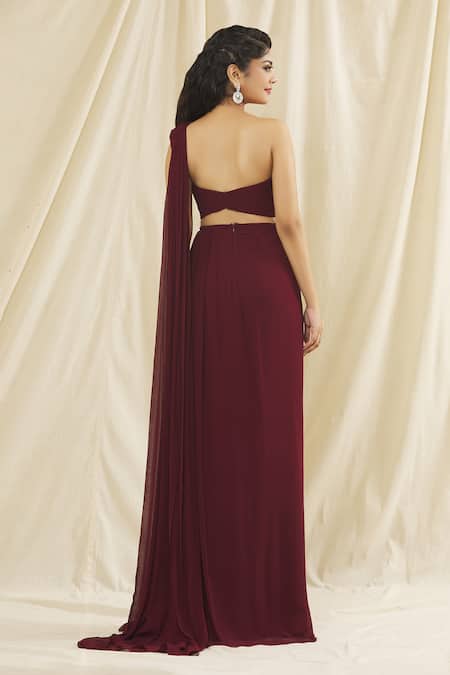 Kiyohra_Maroon Georgette Bandeau Neck Kenzi Ruched Blouse And Skirt Set _Online_at_Aza_Fashions