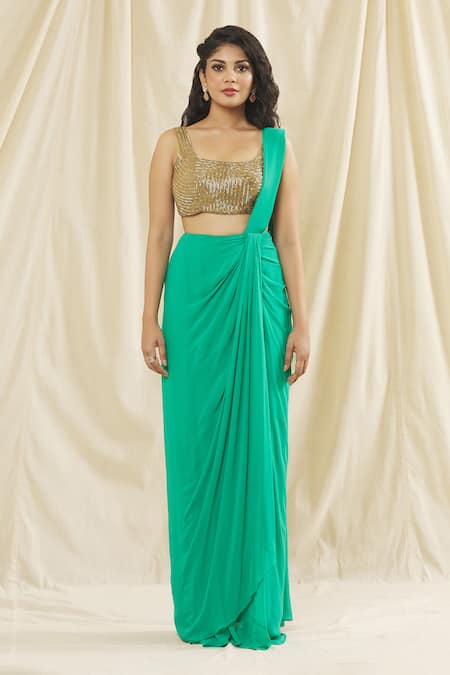 Kiyohra_Green Georgette Beads Square Neck Eva Hand Embroidered Blouse And Skirt Set_Online_at_Aza_Fashions