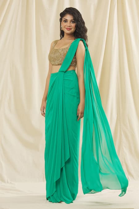 Buy_Kiyohra_Green Georgette Beads Square Neck Eva Hand Embroidered Blouse And Skirt Set_Online_at_Aza_Fashions