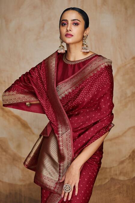 Label Varsha_Red Viscose, Linen, Satin Embroidery Boat Neck Bandhani Woven Saree With Blouse_Online_at_Aza_Fashions