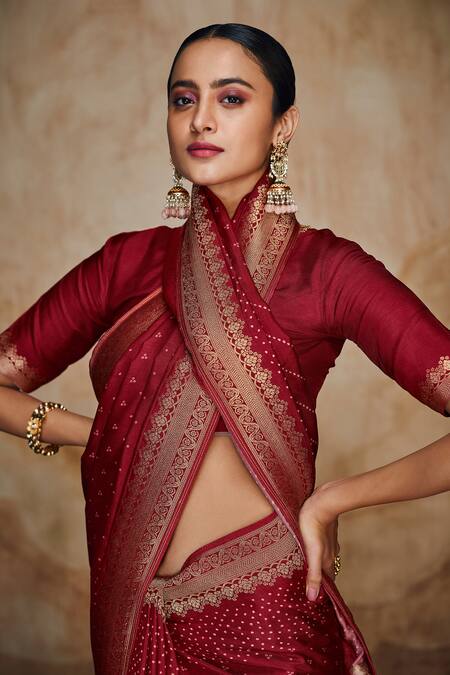 Shop_Label Varsha_Red Viscose, Linen, Satin Embroidery Boat Neck Bandhani Woven Saree With Blouse_Online_at_Aza_Fashions