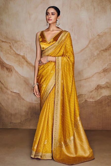 Label Varsha_Yellow Viscose, Velvet Embroidery V-neck Polka Dots Woven Saree With Blouse_Online_at_Aza_Fashions