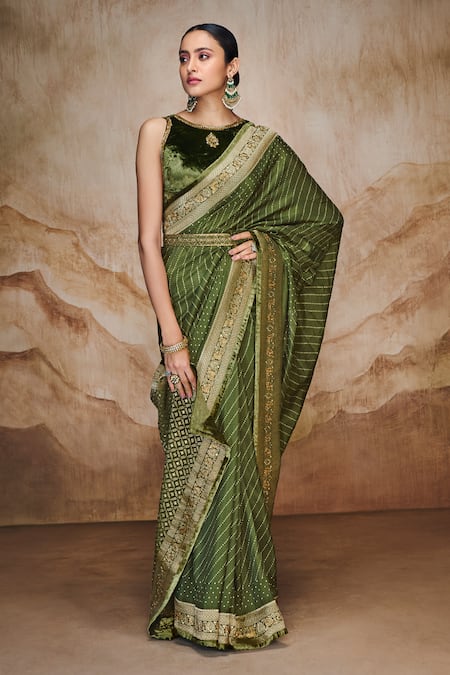 Label Varsha Green Viscose, Velvet Boat Neck Stripe Woven Saree With Blouse