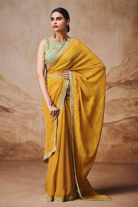 Golden Yellow Pleated Silk Saree with Designer Blouse