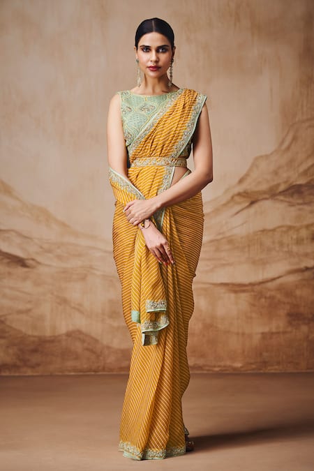 Label Varsha_Yellow Viscose, Georgette Embroidery Boat Neck Stripe Print Saree With Blouse_Online_at_Aza_Fashions
