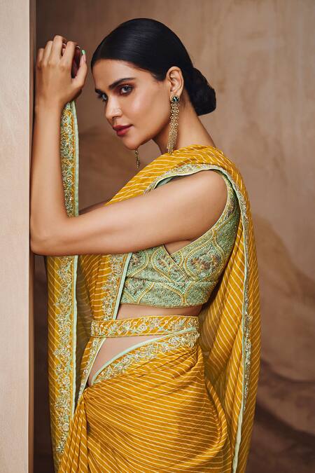 Buy_Label Varsha_Yellow Viscose, Georgette Embroidery Boat Neck Stripe Print Saree With Blouse_Online_at_Aza_Fashions