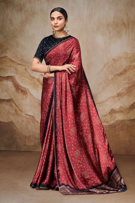 Buy Red Saree Viscose Modal Satin Digital Print Ajrakh Round With Blouse  For Women by Label Varsha Online at Aza Fashions.
