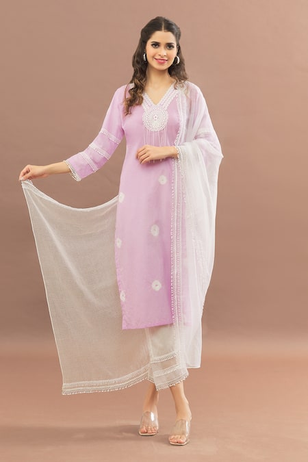 Kalakaari By Sagarika_Pink Cotton, Kota Doria Lace V-neck Lined Kurta Set With Dupatta _at_Aza_Fashions