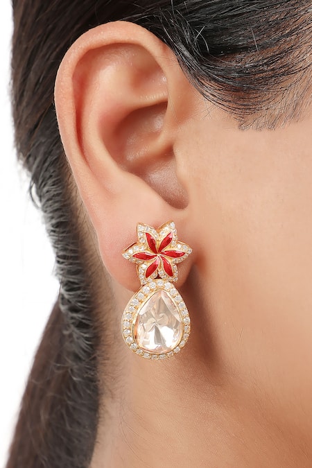 Sica Jewellery Red Moissanite Polki And Synthetic Stones Embellished Star Earrings 