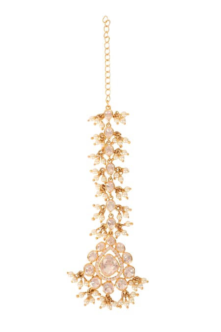 Shop Sica Jewellery Yellow Moissanite Polki And Pearl Embellished Maangtikka at Aza Fashions Shop_Sica Jewellery_Yellow Moissanite Polki And Pearl Embellished Maangtikka _at_Aza_Fashions