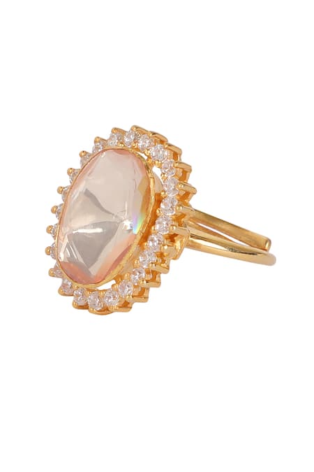 Shop Sica Jewellery Yellow Imitation Diamonds Moissanite Polki Embellished Oblong Ring at Aza Fashions Shop_Sica Jewellery_Yellow Imitation Diamonds Moissanite Polki Embellished Oblong Ring _at_Aza_Fashions