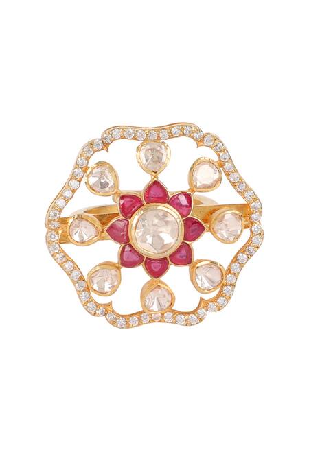 Sica Jewellery Red Diamonds, Stones Moissanite Polki Embellished Bahaar Ring Online at Aza Fashions Sica Jewellery_Red Diamonds, Stones Moissanite Polki Embellished Bahaar Ring _Online_at_Aza_Fashions