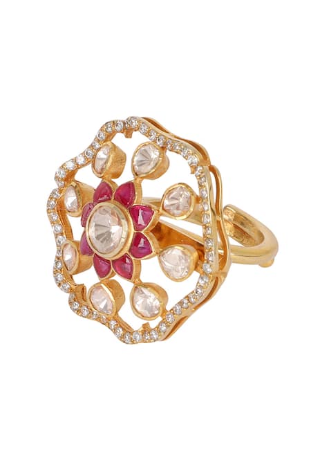 Shop Sica Jewellery Red Diamonds, Stones Moissanite Polki Embellished Bahaar Ring at Aza Fashions Shop_Sica Jewellery_Red Diamonds, Stones Moissanite Polki Embellished Bahaar Ring _at_Aza_Fashions