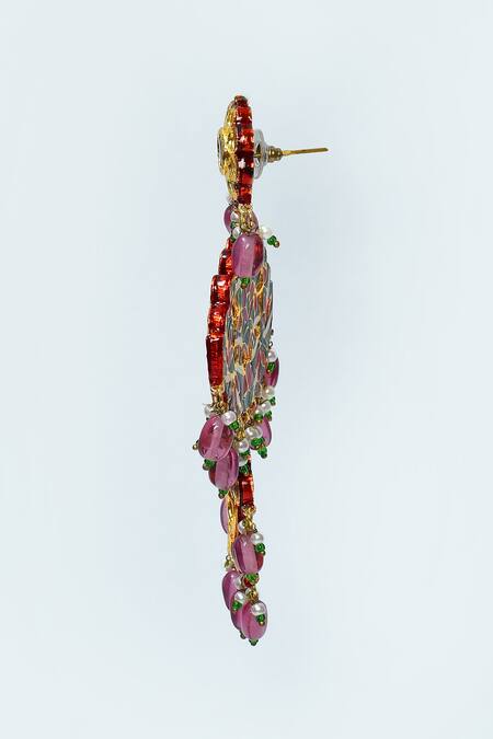 Shop_Posh By Rathore_Red Beads, Diamonds, Pearls Embellished Earrings _Online_at_Aza_Fashions