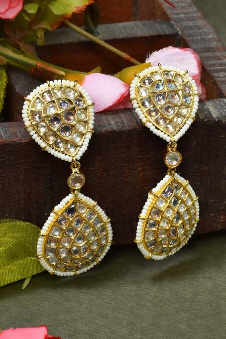 Buy_Posh By Rathore_White Diamonds, Pearls Drop Pattern Embellished Earrings _Online_at_Aza_Fashions