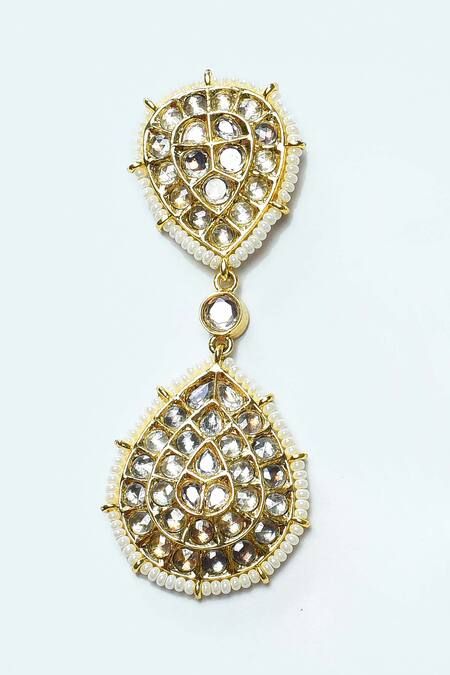 Posh By Rathore_White Diamonds, Pearls Drop Pattern Embellished Earrings _at_Aza_Fashions