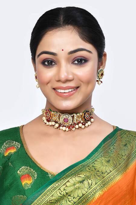 Posh By Rathore_Multi Color Crystals Kundan Embellished Choker Set _Online_at_Aza_Fashions