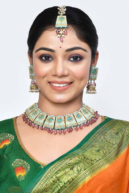 Posh By Rathore_Blue Beads Embellished Necklace Set _Online_at_Aza_Fashions