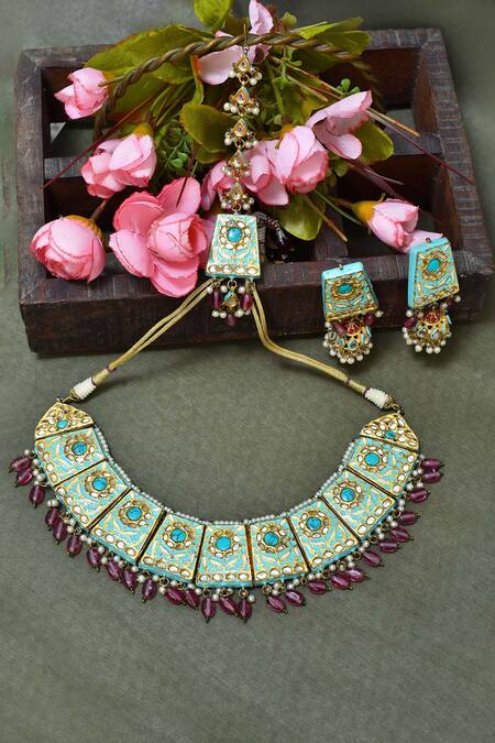 Buy_Posh By Rathore_Blue Beads Embellished Necklace Set _Online_at_Aza_Fashions