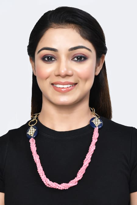 Posh By Rathore_Pink Layered Twisted Bead Embellished Necklace _Online_at_Aza_Fashions
