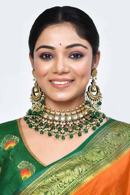 Posh By Rathore_Gold Plated Crystals, Beads Kundan Embellished Choker Set _Online_at_Aza_Fashions