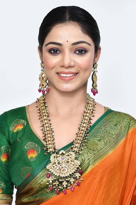 Posh By Rathore_Gold Plated Beads, Pearls Kundan Embellished Long Necklace Set _Online_at_Aza_Fashions