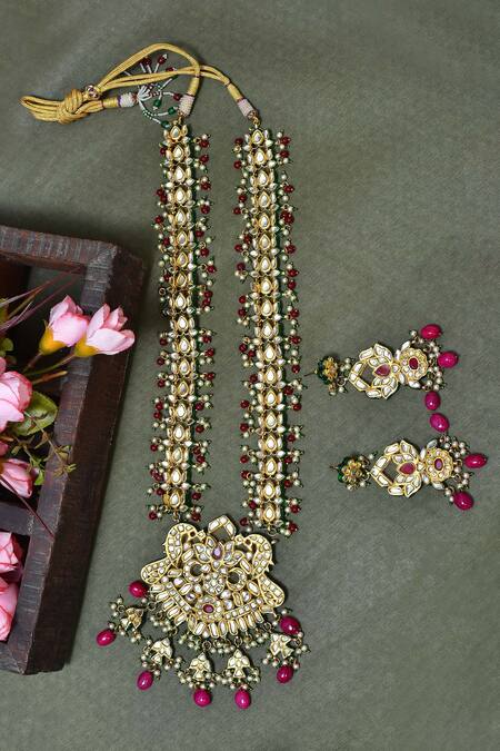 Buy_Posh By Rathore_Gold Plated Beads, Pearls Kundan Embellished Long Necklace Set _Online_at_Aza_Fashions