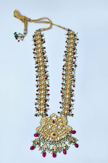 Shop_Posh By Rathore_Gold Plated Beads, Pearls Kundan Embellished Long Necklace Set _Online_at_Aza_Fashions