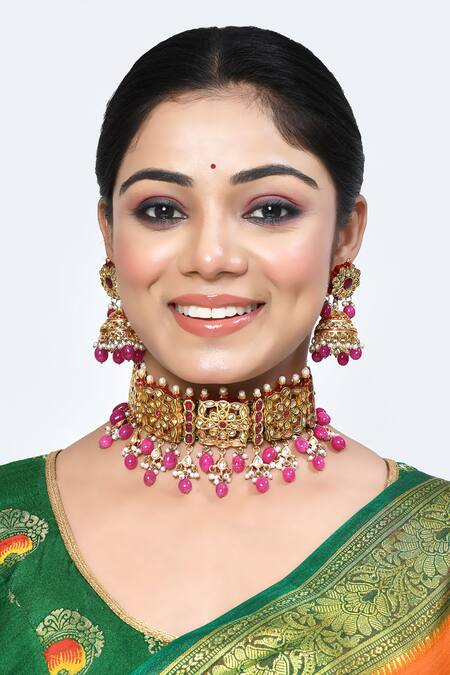 Posh By Rathore_Gold Plated Beads, Pearls Geometric Pattern Embellished Choker Set _Online_at_Aza_Fashions