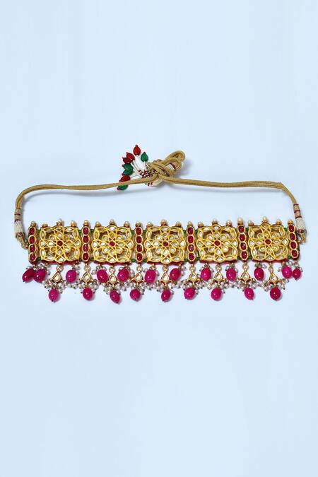 Buy_Posh By Rathore_Gold Plated Beads, Pearls Geometric Pattern Embellished Choker Set _Online_at_Aza_Fashions