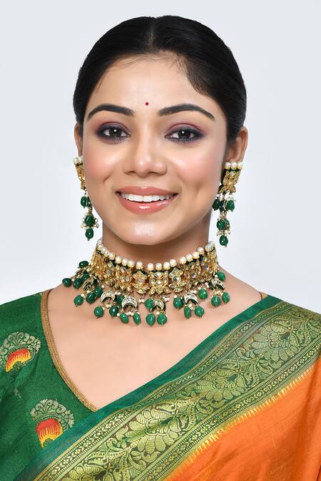 Posh By Rathore_Gold Plated Crystals, Beads Embellished Choker Set _Online_at_Aza_Fashions